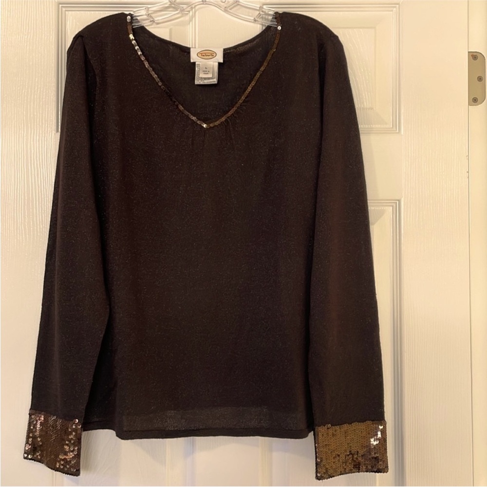 NWOT TALBOTS BROWN V NECK POPOVER SWEATER/ BLOUSE WITH SEQUIS ON CUFFS& NECKLINE